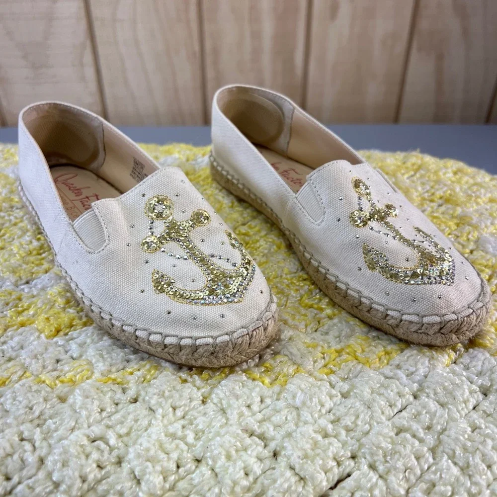 Quacker Factory Jeanne Bice QK-DAMIE Anchor Sequin‎ Espadrille Flats Cream 6M/36